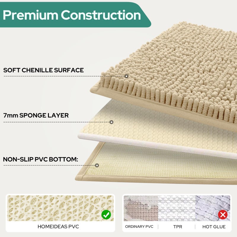 HOMEIDEAS 3 Pieces Beige Bathroom Rugs Set, Ultra Soft Non Slip Bath Rug and Absorbent Chenille Bath Mat, Includes U-Shaped Contour Rug, Bath Mat and Toilet Lid Cover, Perfect for Bathroom, Tub - Image 5